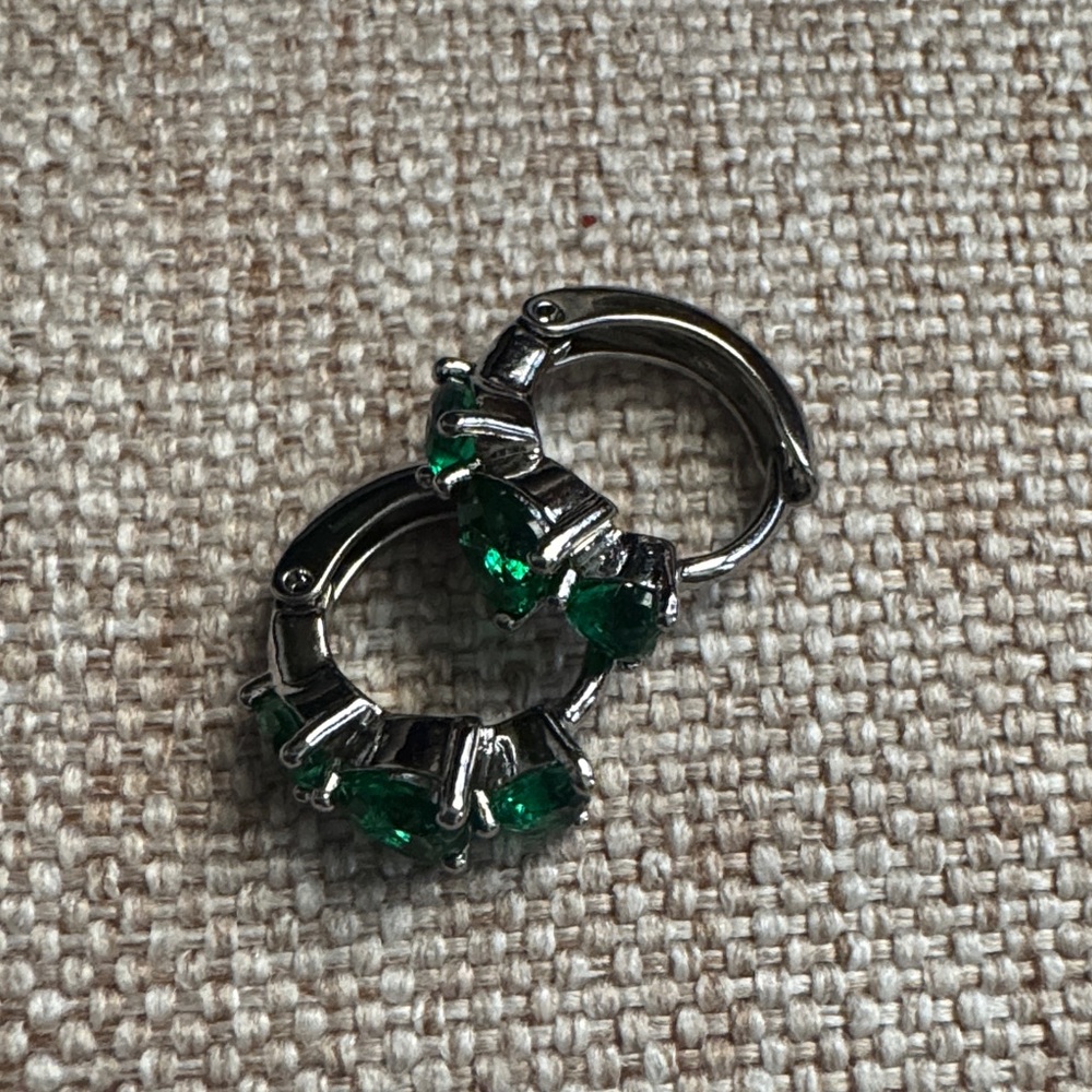 Silver-Tone Hoop Earrings with Emerald Green Crystals